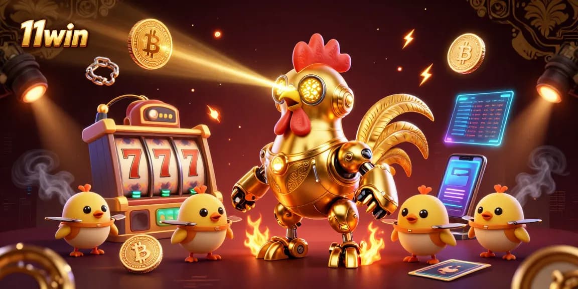 Engage with 11win's captivating casino scene featuring a golden rooster robot and slot reels.