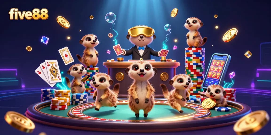 Experience the fun at five88 with meerkats running an exciting casino filled with chips and cards.