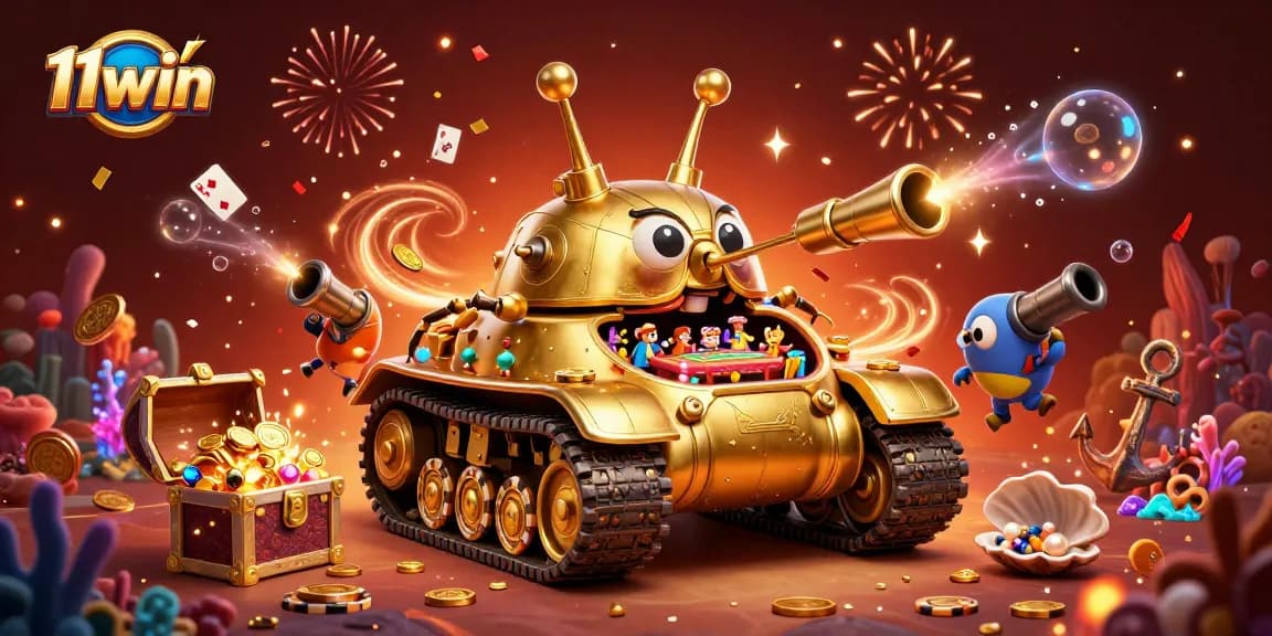Join the fun at 11win, featuring a vibrant casino scene inside a golden beetle tank!