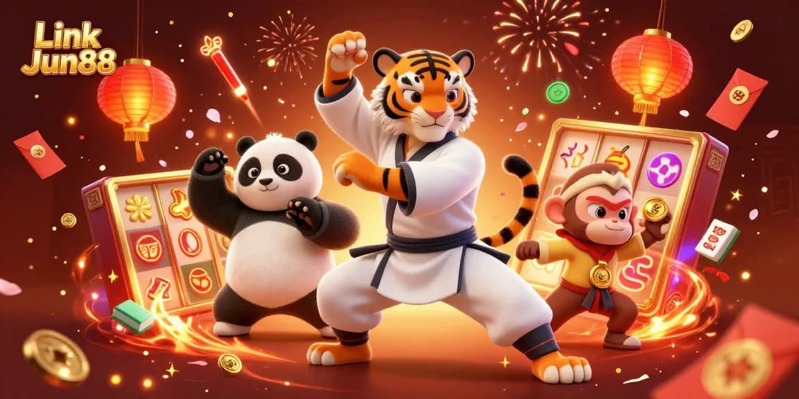 Engage with Link Jun88 through an exciting 3D illustration featuring a kung fu tiger master, panda disciple, and a playful monkey amidst vibrant casino elements.