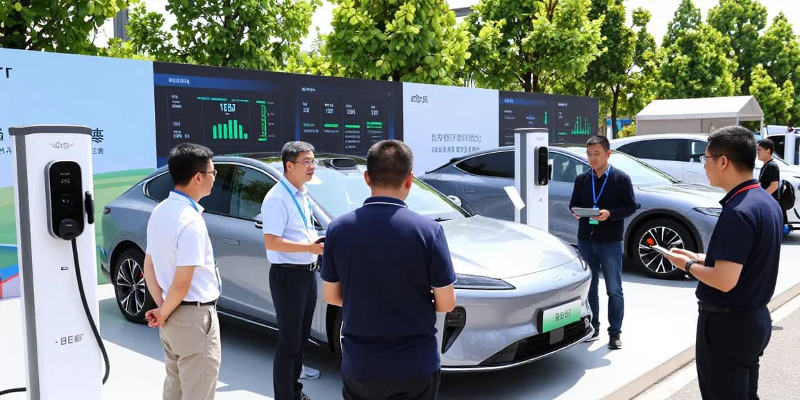 Outdoor EV technology showcase featuring electric vehicles, charging stations, and innovative battery solutions at a vibrant expo.