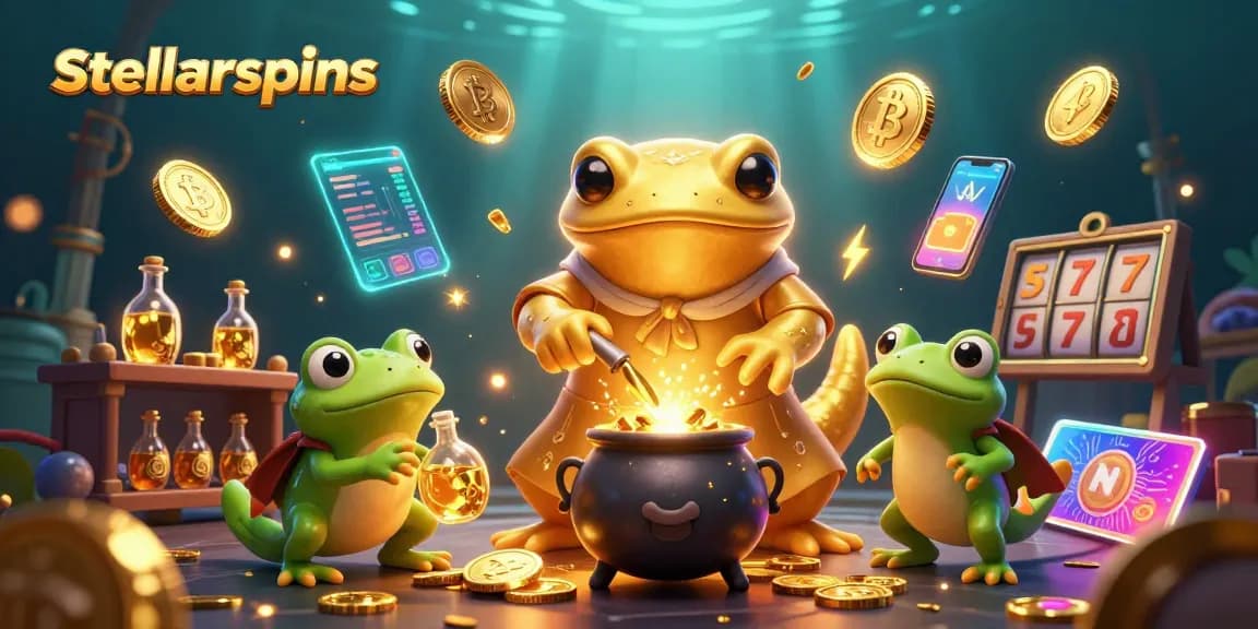 Experience stellarspins with a lively scene of a golden salamander alchemist and crypto coins.