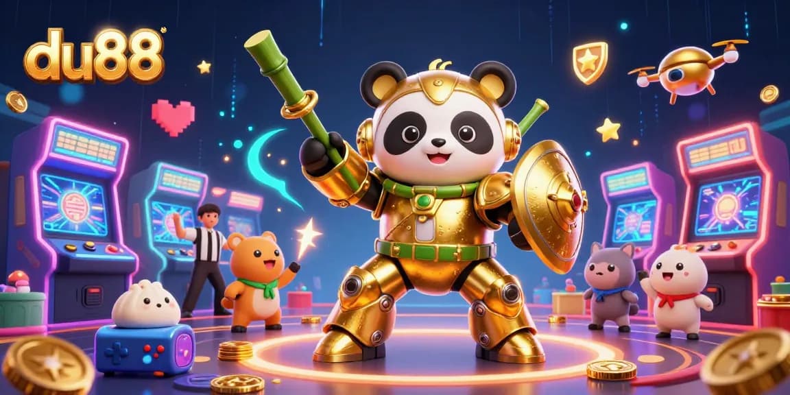 Witness du88's vibrant gambling scene with a mech-suit panda and arcade games, embodying excitement.