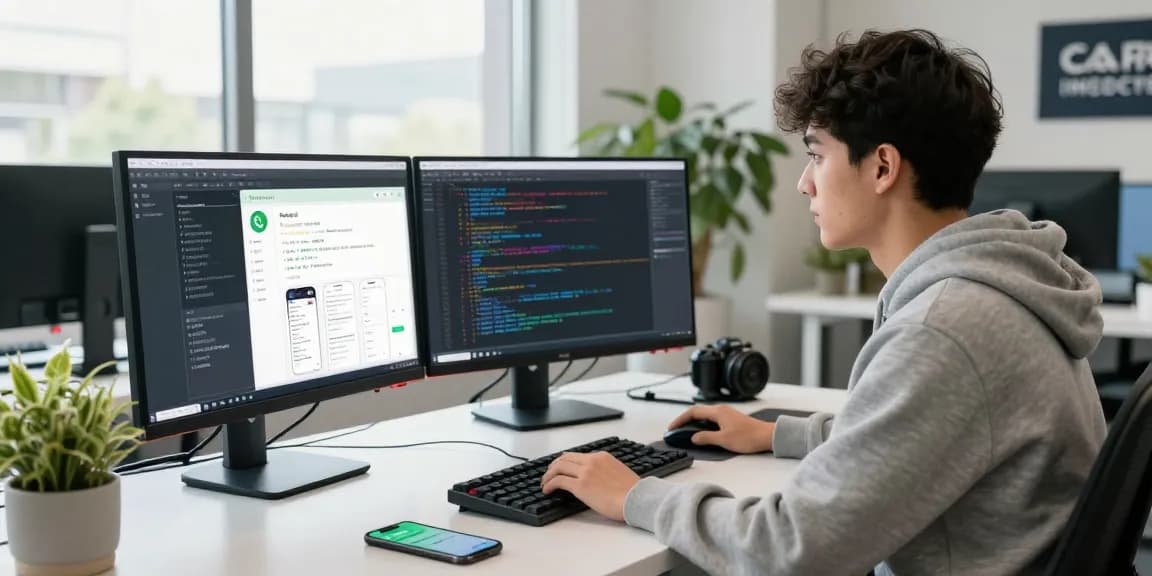 Developer in workspace coding WhatsApp下載 app, showcasing tech tools and modern office ambiance.