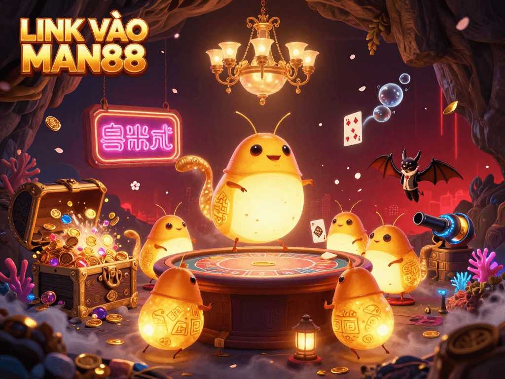 Experience the excitement at LINK VÀO MAN88 with glowworms illuminating a vibrant cave casino scene filled with treasures.