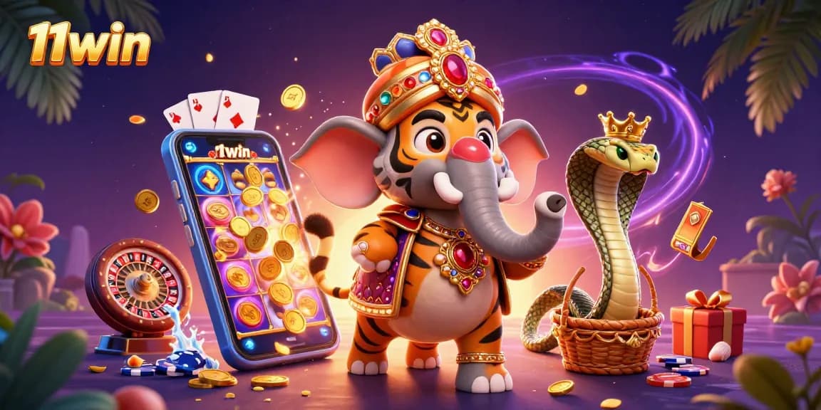 Experience the thrill of 11win with a vibrant casino scene featuring a maharaja tiger and treasures.