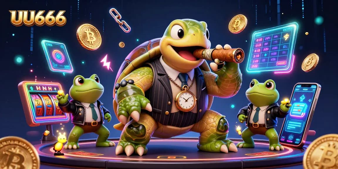 Engage in thrilling gameplay at UU666 with a festive casino scene featuring a mobster turtle and dynamic crypto elements.