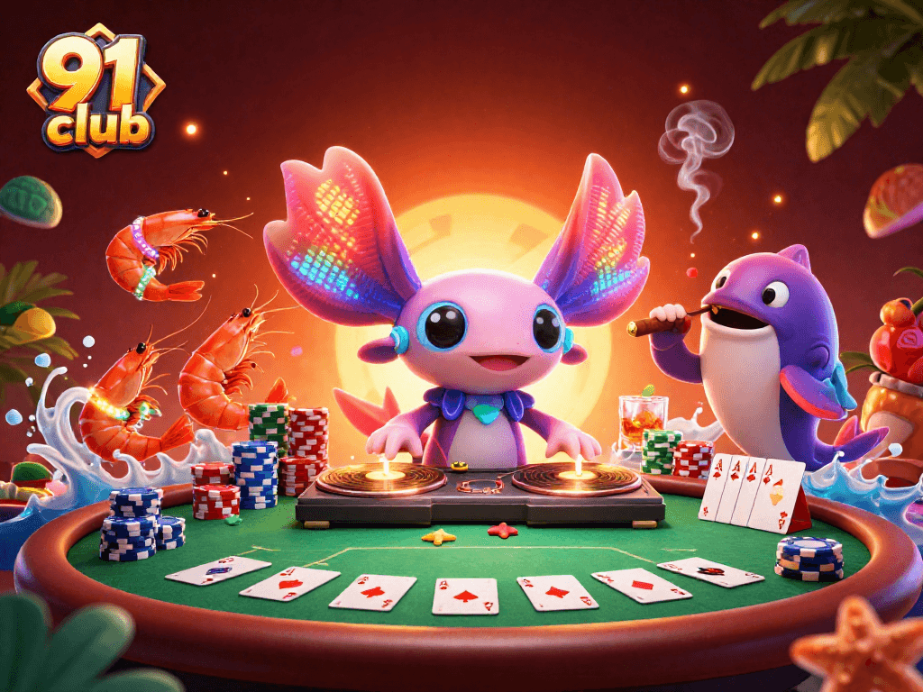 Join the fun at 91 club with a vibrant casino scene featuring a neon axolotl DJ and dancing shrimp.