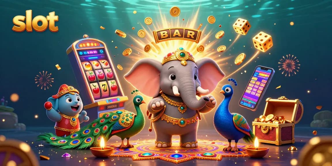 Spin the exciting slot reels in a vibrant festival atmosphere, featuring a colorful elephant and dynamic casino elements.