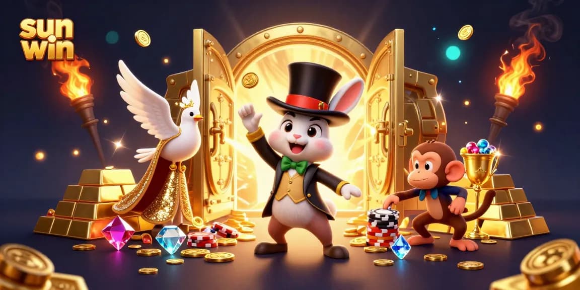 Experience sun win magic as a rabbit conjures coins amidst dazzling casino treasures.