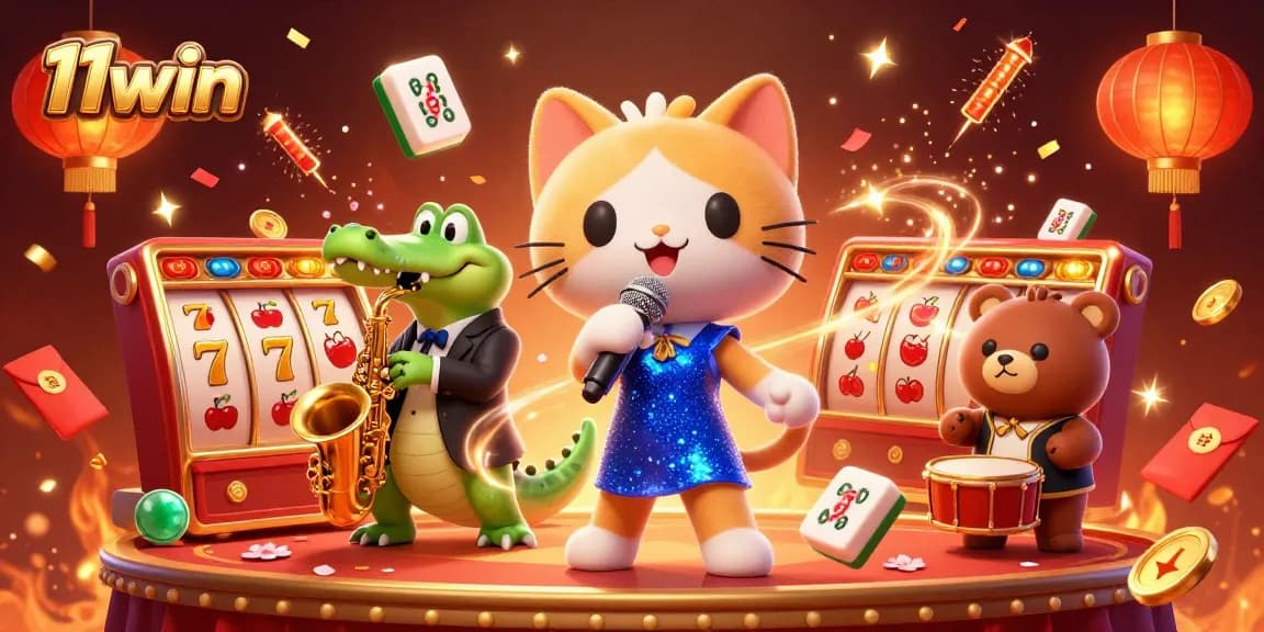 Experience the excitement of 11win with a lively 3D cartoon illustration of casino characters.