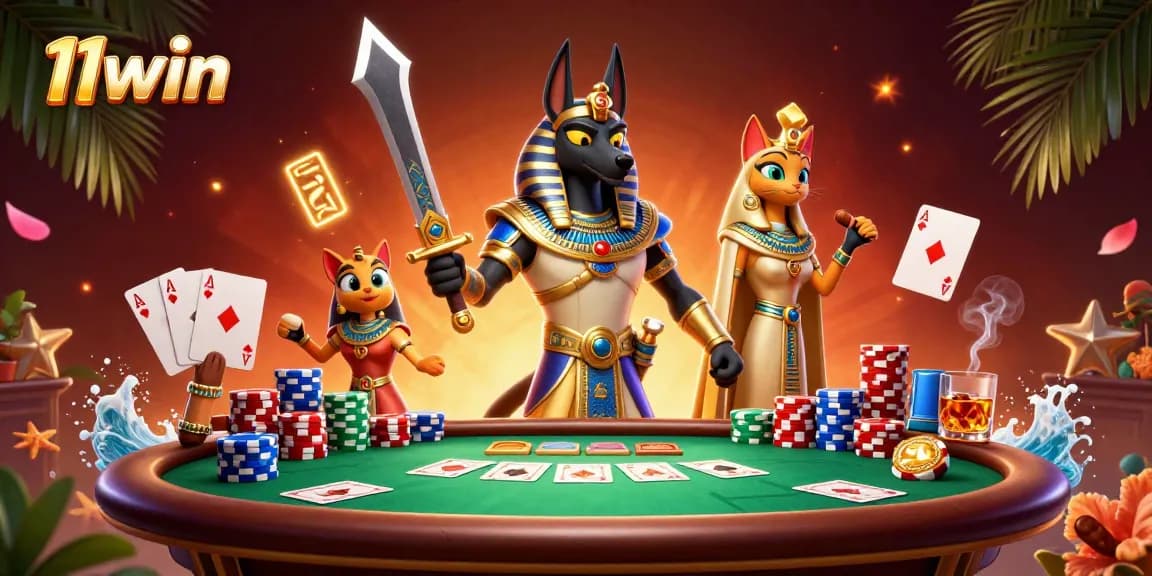 Winning at poker and slots with 11win in a vibrant casino-themed 3D illustration.