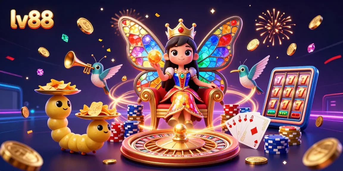 Win big at lv88 with vibrant casino elements, showcasing a lively butterfly queen and dynamic gaming action.