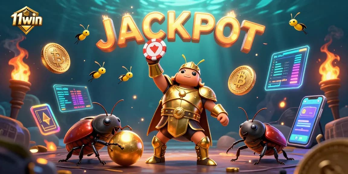 Engage with 11win in this dynamic 3D illustration showcasing a heroic beetle winning with poker chips amid glowing crypto elements.