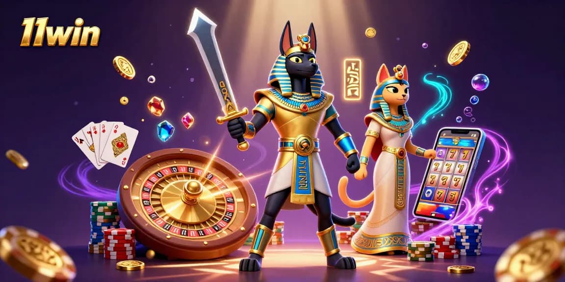 11win casino features Anubis and Bastet amid cascading coins and vibrant elements.