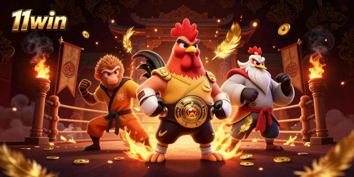 Engage with 11win's vibrant casino illustration featuring a fierce Muay Thai rooster and martial artists.