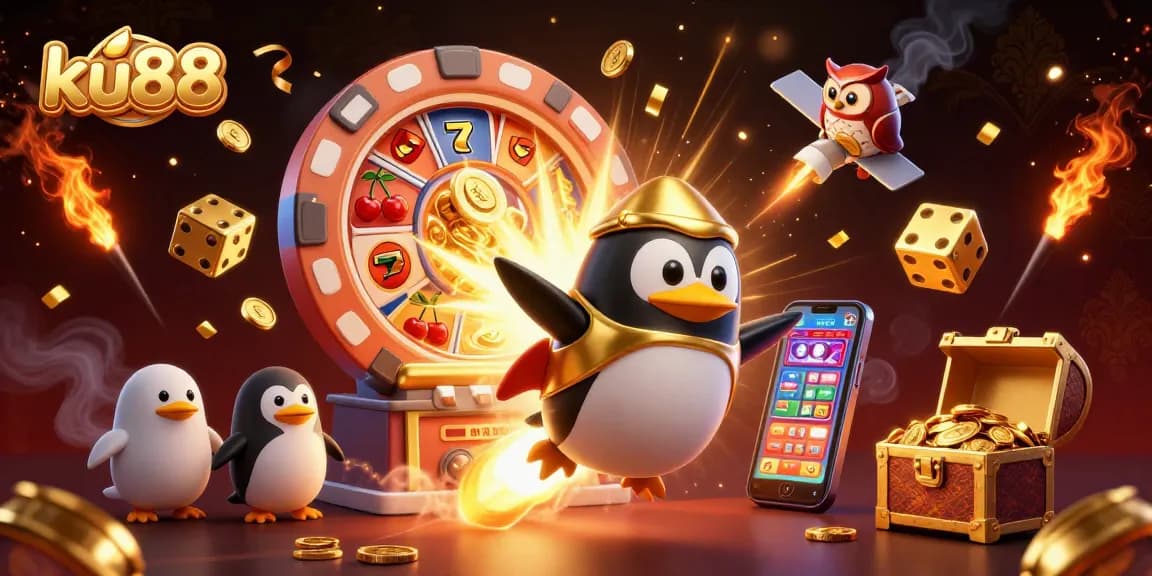 Engage in thrilling adventures at ku88 with a golden penguin and exciting casino elements.