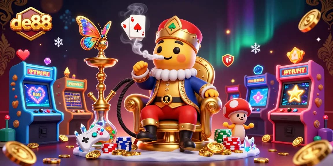 Experience the excitement of de88 with a vibrant 3D casino illustration featuring poker elements and gaming action.
