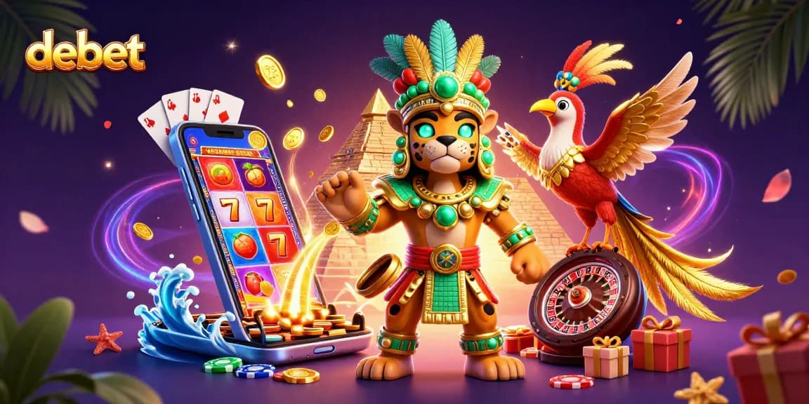 Engage with debet's vibrant casino scene featuring Mayan elements and dynamic game symbols.