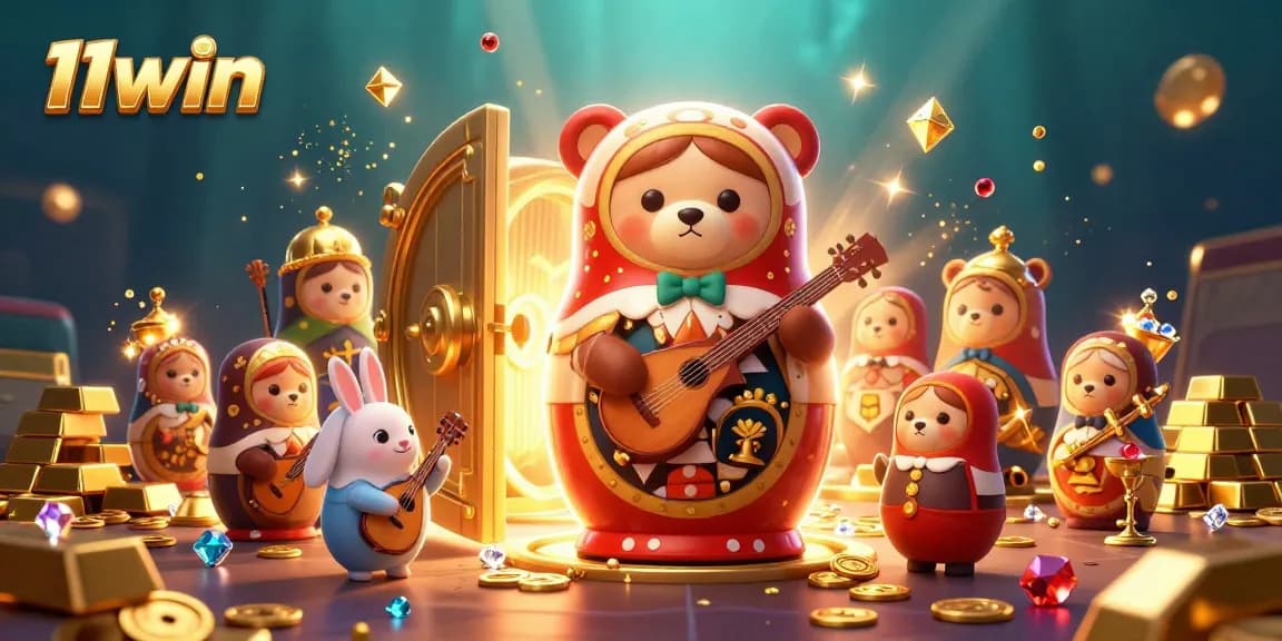 Experience winning with 11win’s lively casino-themed illustration featuring Matryoshka bears and golden treasures