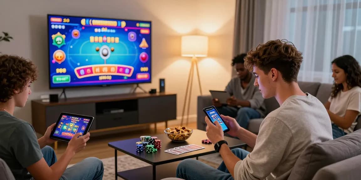 Best online casinos: Engaging atmosphere with diverse players enjoying online gaming, including pokies and live dealer games.