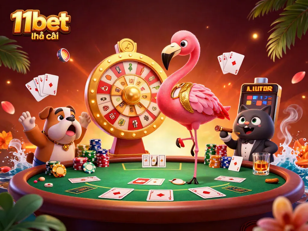 Engage in thrilling games at the 11bet nhà cái with lively characters, poker tables, and vibrant casino elements.