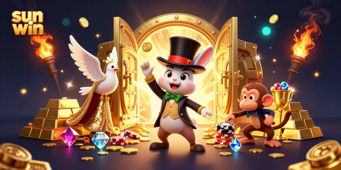Experience sun win magic as a rabbit conjures coins amidst dazzling casino treasures.