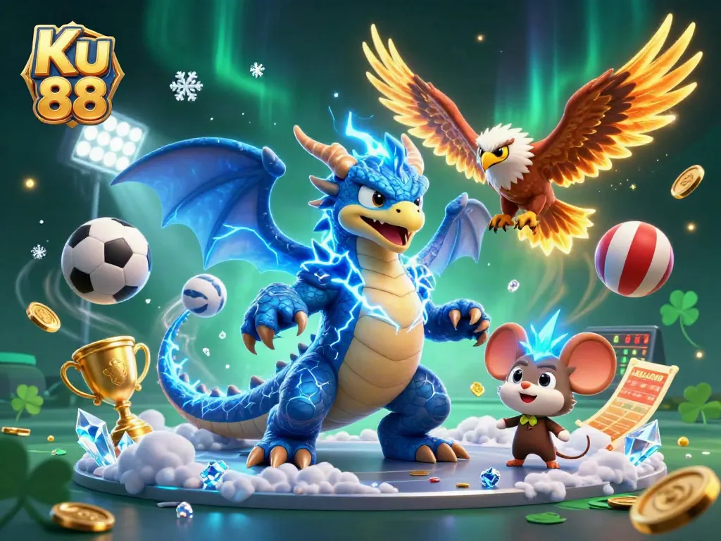 Bet on Ku 88 with dynamic sports elements and thrilling characters in this stunning illustration.