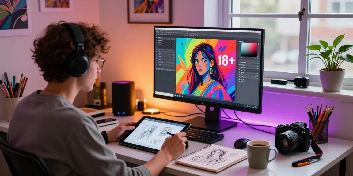 Creative artist at digital studio creating vibrant 18+ ai artwork with high-tech tools.