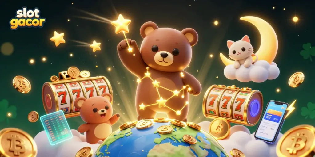 Experience the thrill of slot gacor with a vibrant illustration showcasing a cosmic bear, golden jackpot coins, and lucky symbols.