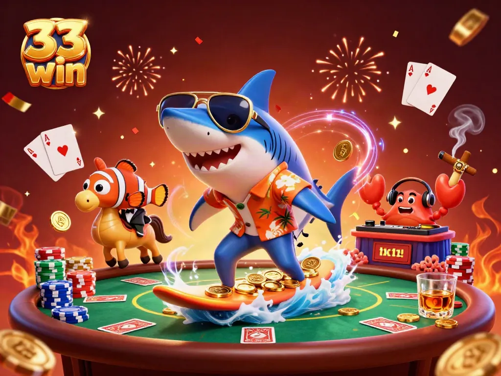 Experience the thrill of 33 win with a vibrant 3D illustration of casino characters.