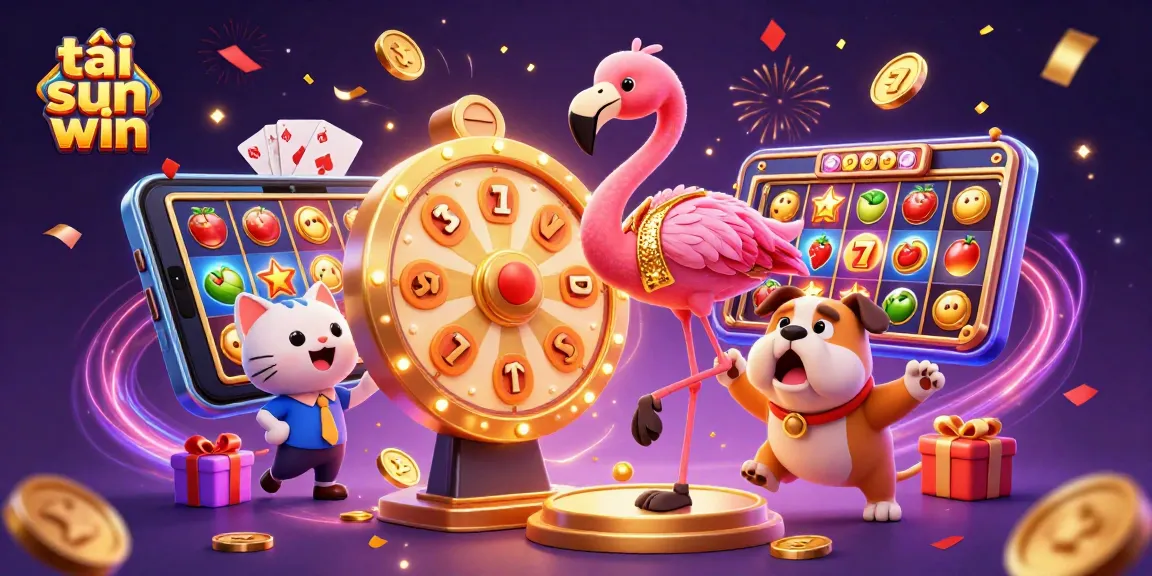 Spin to win with tải sun win featuring a vibrant 3D cartoon game show scene filled with casino excitement.