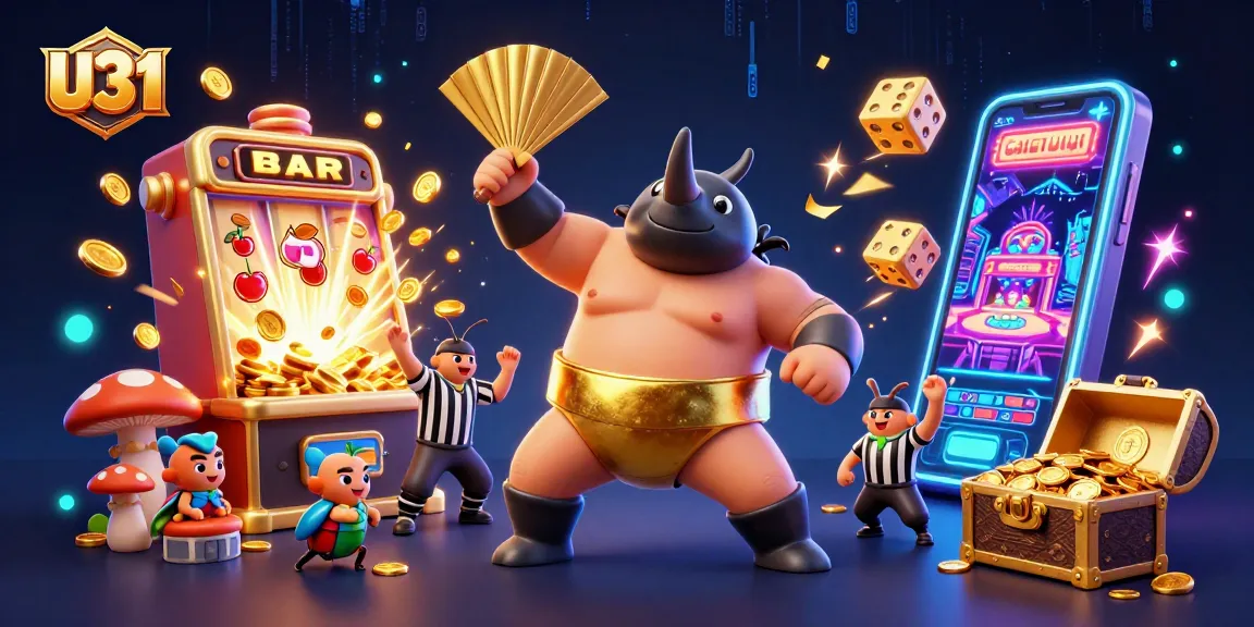 U31 players enjoy jackpot wins while a sumo beetle stomps coins and a cricket referee oversees the fun.