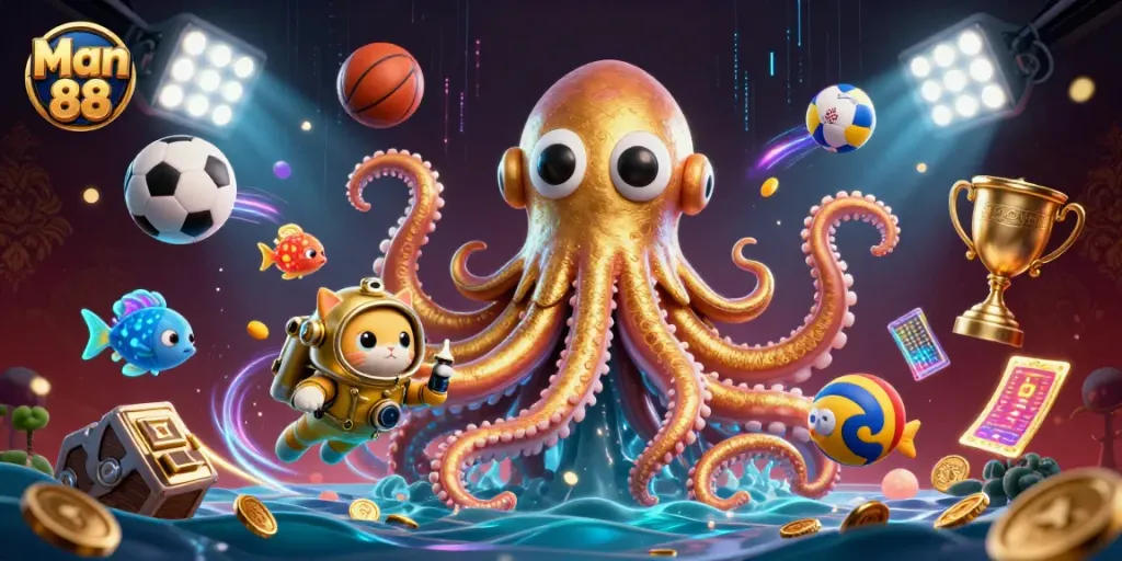 Engage with the thrilling action of Man 88, showcasing a kraken and diving cat amidst vibrant sports elements.