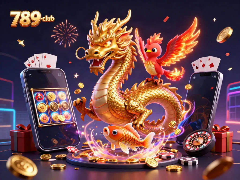 Play exciting games at 789-club with a dynamic scene of a golden dragon and colorful slot elements.