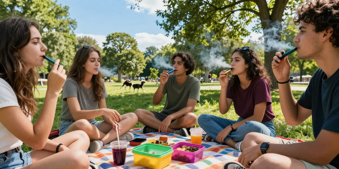 Friends enjoying thc pens during a picnic in a vibrant park, surrounded by nature.