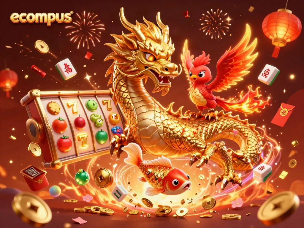 Join the excitement at ecompus with a vibrant illustration featuring a golden dragon and casino elements.