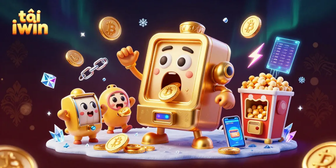 Win big with tải iwin, featuring a joyful golden slot machine celebrating a jackpot amidst vibrant casino elements.