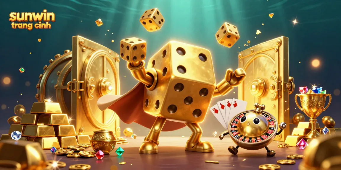 Engage with the vibrant fun at sunwin trang chính featuring a gold dice golem and treasure elements.