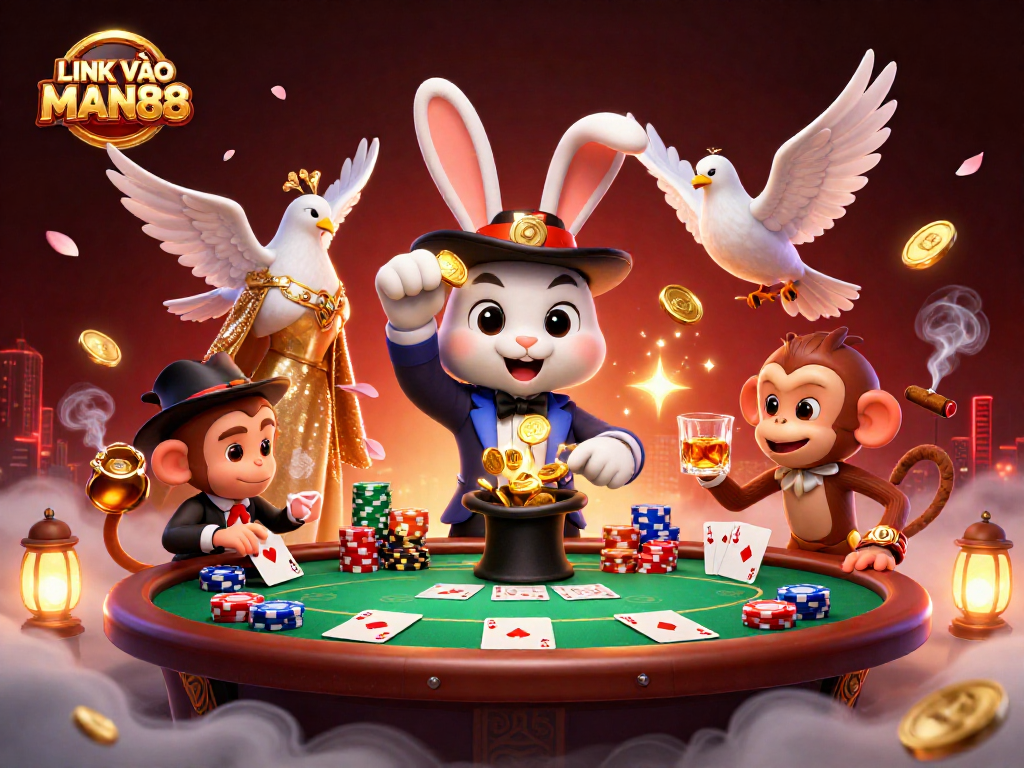 Experience the thrill of gaming at LINK VÀO MAN88 with vibrant characters, poker elements, and magical excitement.