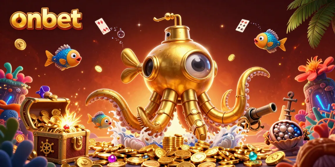 Engage with onbet's immersive gaming experience featuring a golden kraken submarine surfing through golden coins.