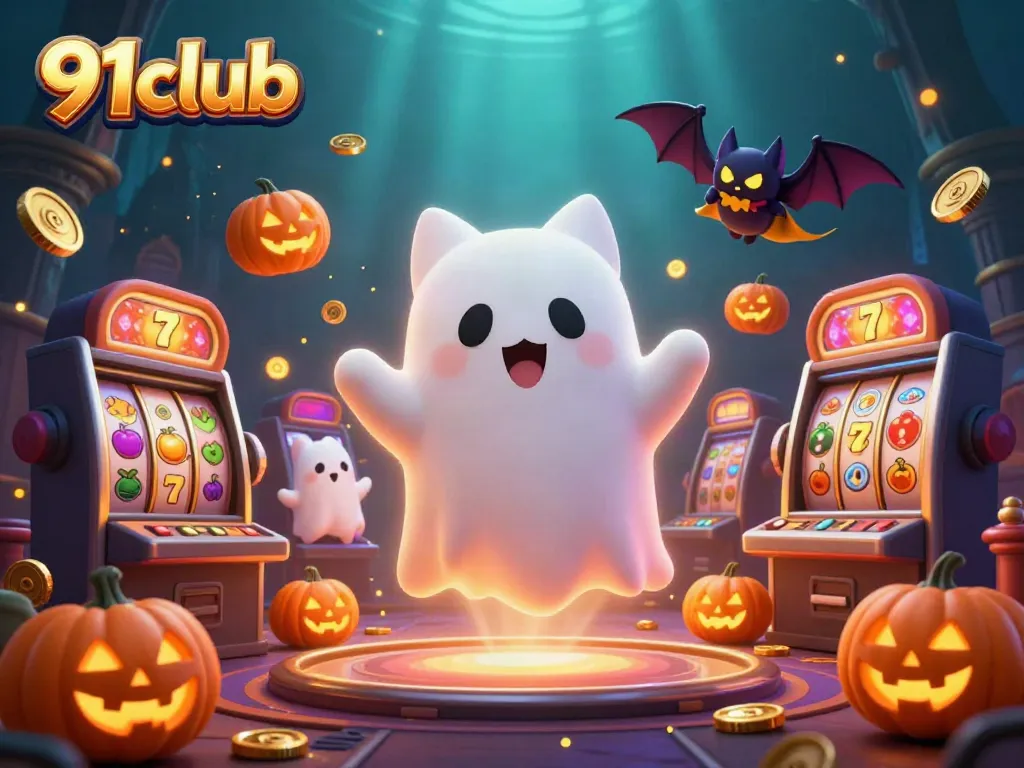 Engage with 91club's vibrant haunted casino scene featuring ghost cat and luminous slot reels.