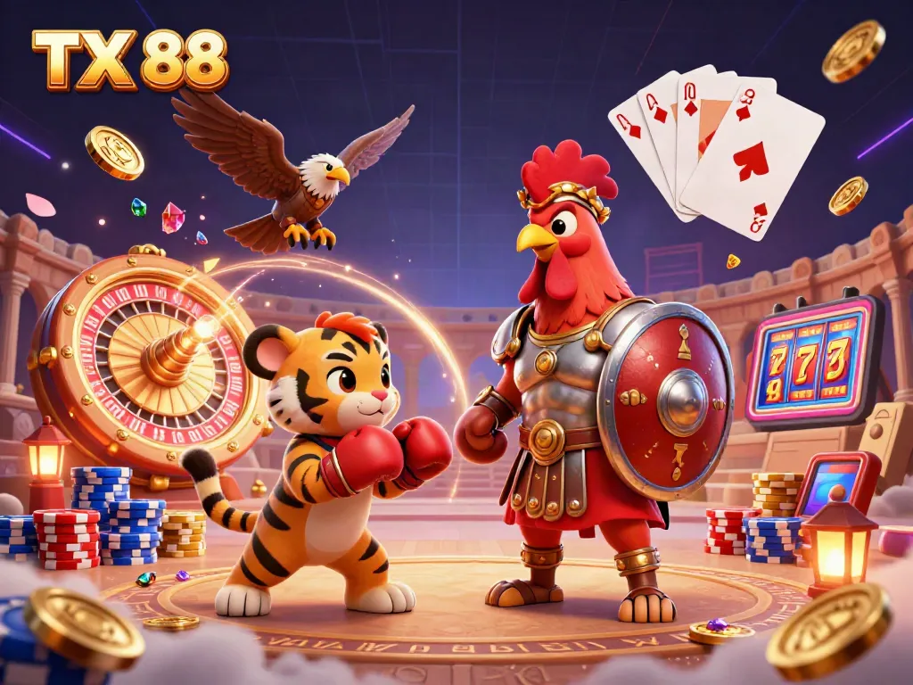 Engage with TX 88's vibrant casino atmosphere featuring a gladiator rooster amid coins and games.
