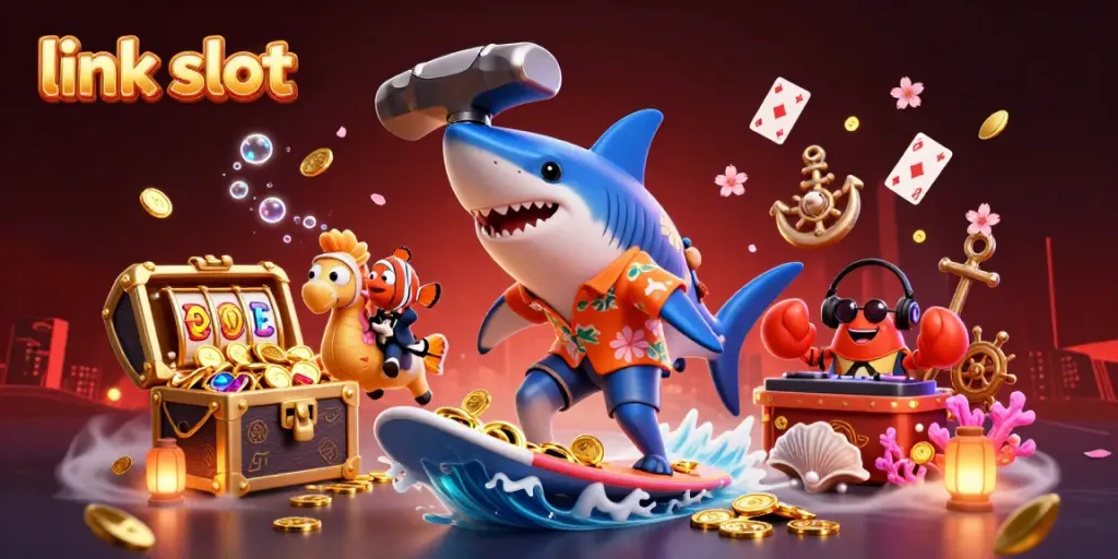 Experience link slot gameplay with a colorful underwater scene featuring a hammer-head shark, seahorse, and DJ crab.
