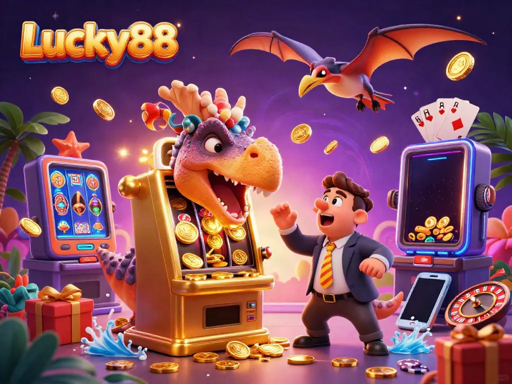 Lucky88 gaming scene with a dinosaur interacting with a slot machine and collecting coins.