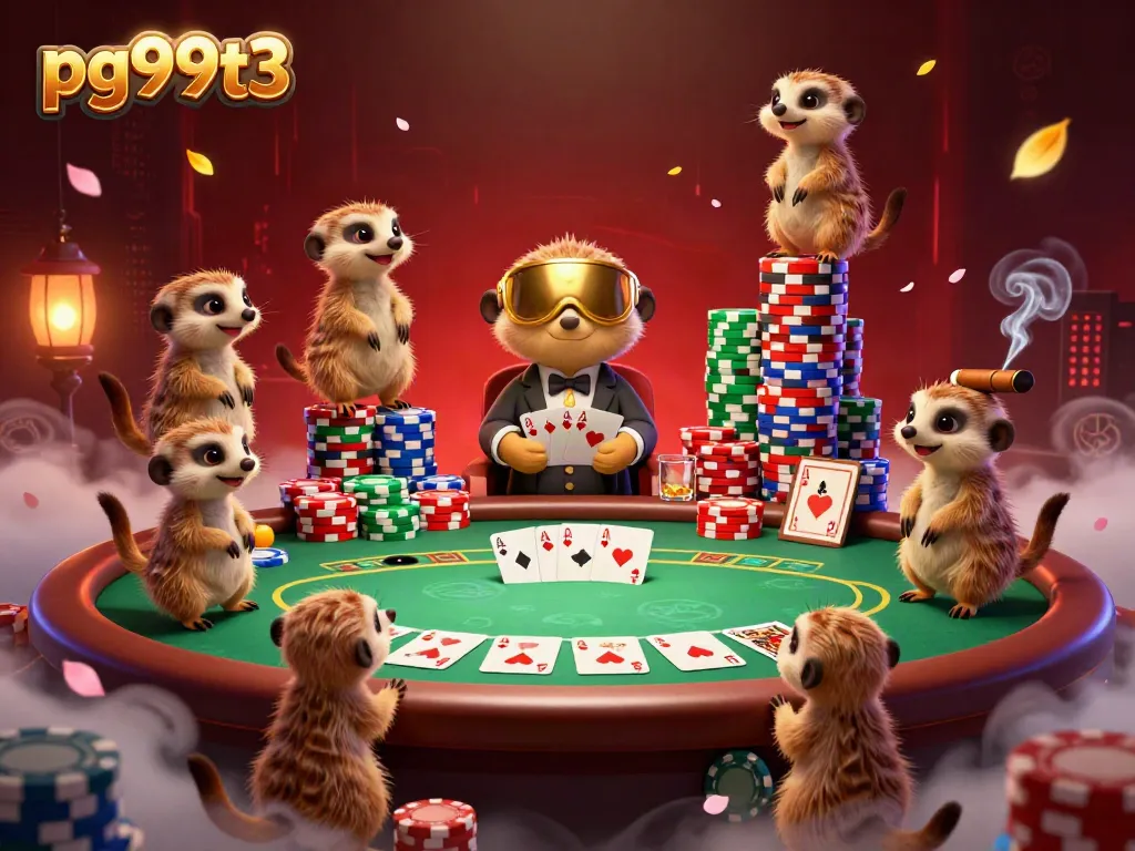 Experience thrilling gameplay at pg99t3 as meerkats operate a vibrant casino environment with colorful poker elements.