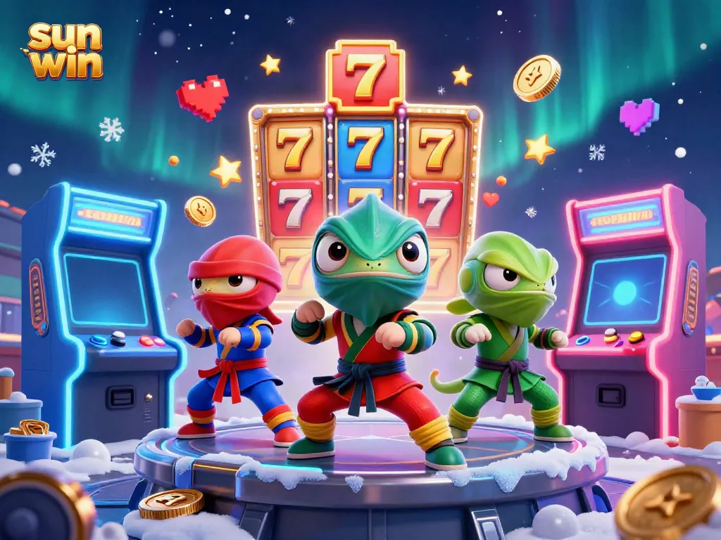 Experience the thrill of sun win with chameleon ninjas amidst a colorful casino environment.