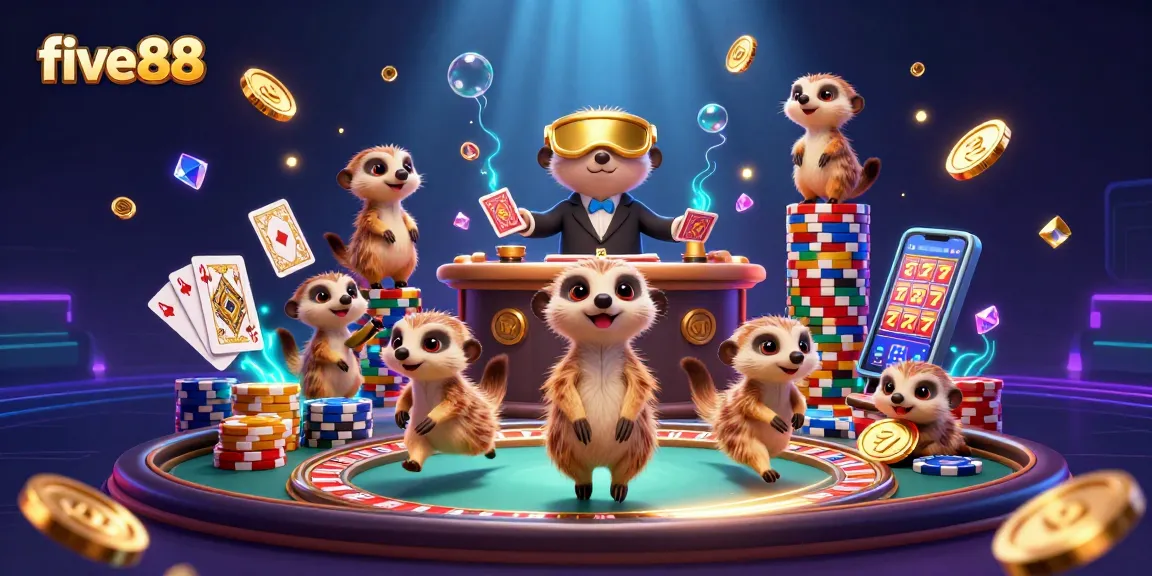 Experience the fun at five88 with meerkats running an exciting casino filled with chips and cards.