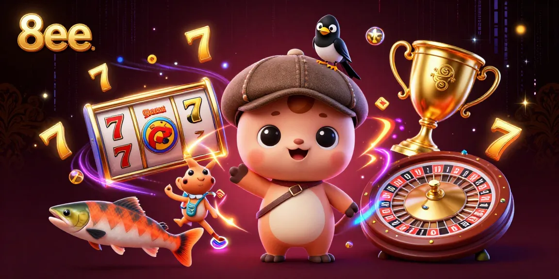 Play and win at 8eee with adorable characters and exciting casino elements surrounding a vibrant scene.
