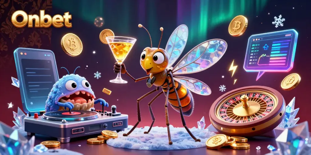 Engage with Onbet's vibrant casino atmosphere featuring cartoon characters and crypto elements.